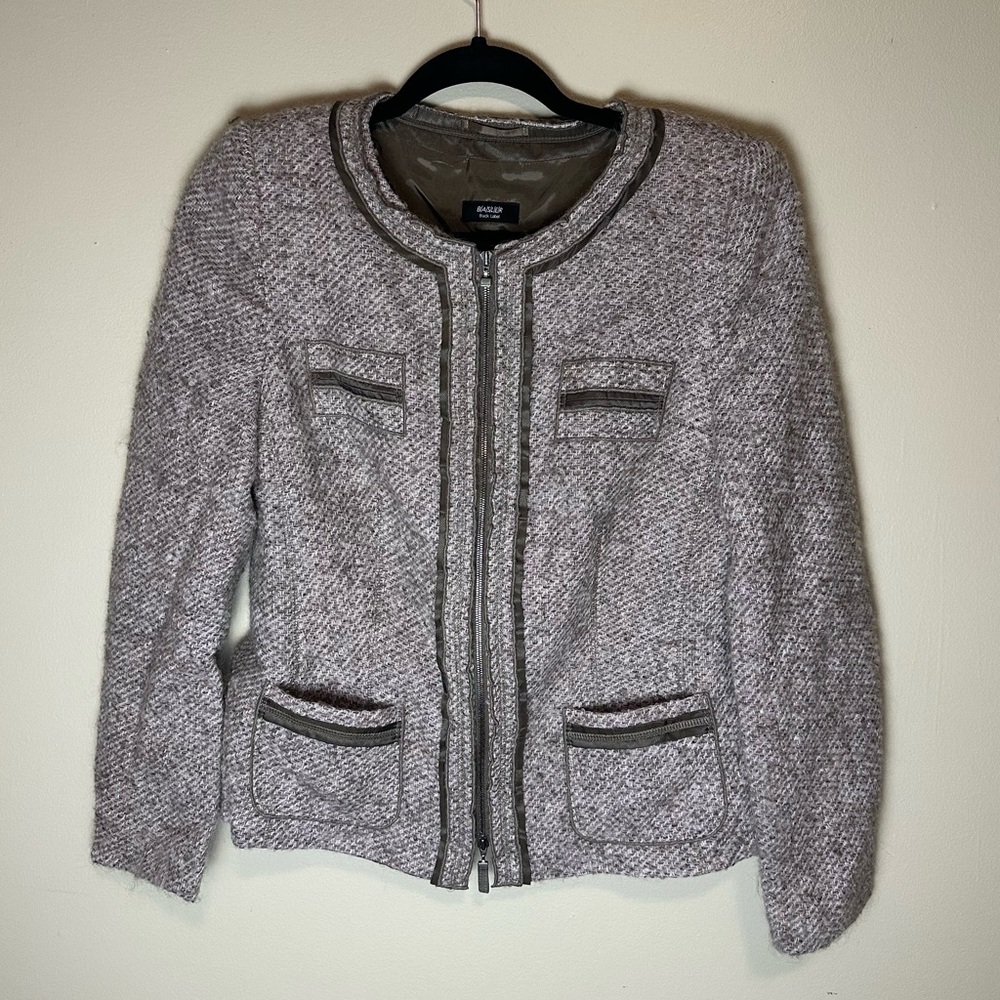 Basler black label pink/grey/brown tweed mohair collarless jacket